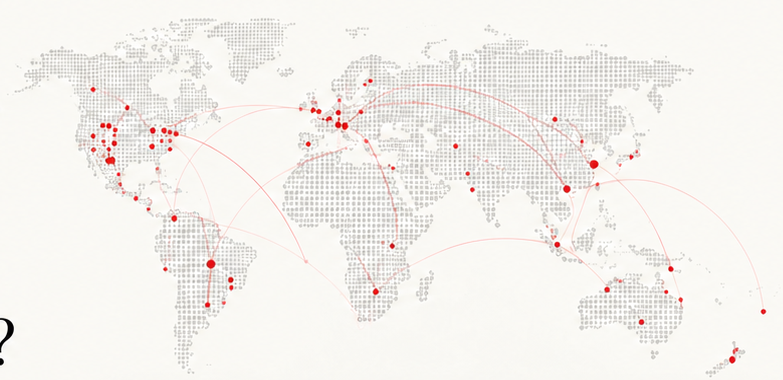 Illustrative global connections on a dotted world map. These dots do not represent verified contributors.